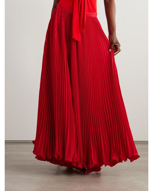 Balmain Red Pleated Crepe Maxi Skirt