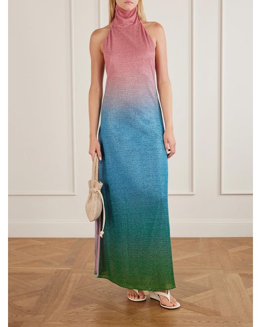 Oseree Blue Lumière Candy Ombrè Metallic Stretch-Knit Halterneck Maxi Dress