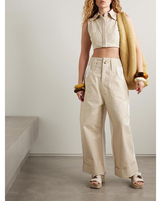 Tolu Coker Natural Cropped Paneled Herringbone Cotton Top