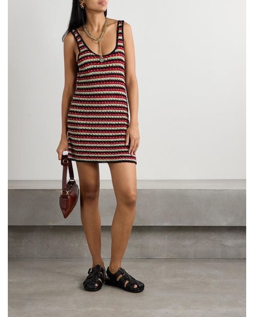 Alix Of Bohemia Red Tyler Bead-Embellished Striped Crocheted Cotton Mini Dress