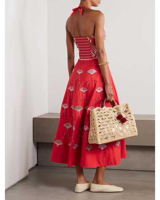 Emporio Sirenuse Red Lotty Neckholder-Midikleid Aus Popeline Aus Einer Baumwollmischung Mit Zierperlen Und Stickereien