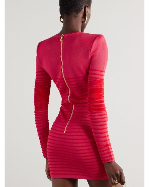 Balmain Red Wrap-Effect Ribbed-Knit Mini Dress