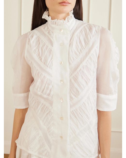 Thierry Colson White Vita Ruffled Pleated Cotton-Gauze Shirt