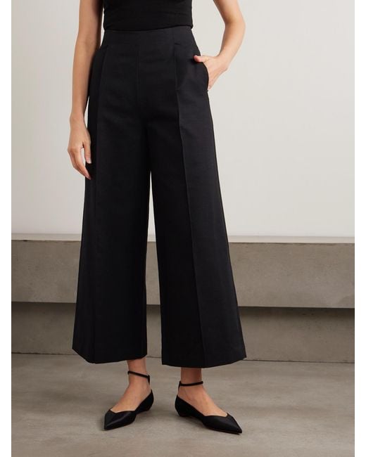 D'Estree Black Martha Linear Cotton-Faille Wide-Leg Pants