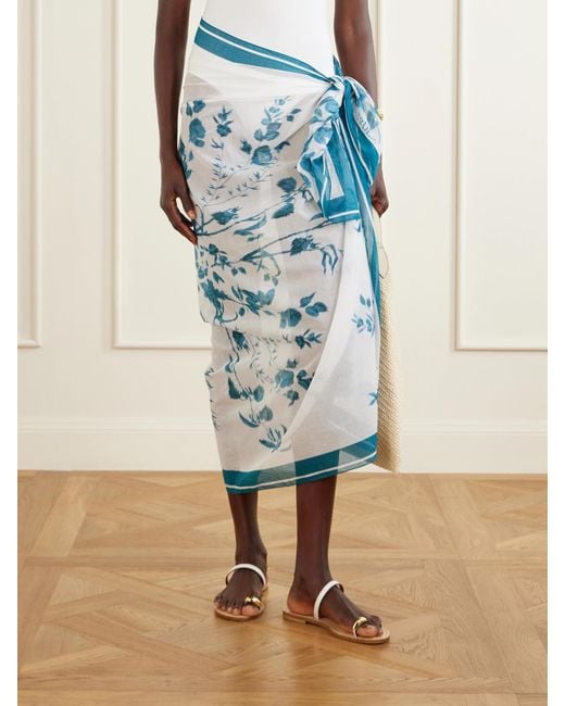 Erdem Blue Floral-Print Cotton-Voile Pareo