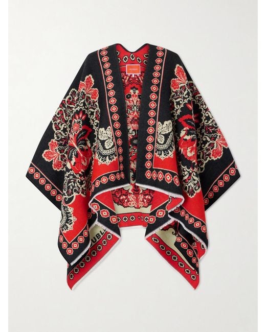 LaDoubleJ Red Soul Frayed Wool And Silk-Blend Jacquard Poncho