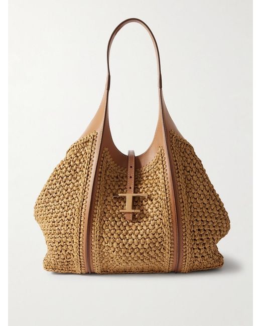 Tod's Brown T Timeless Leather-Trimmed Raffia Shoulder Bag