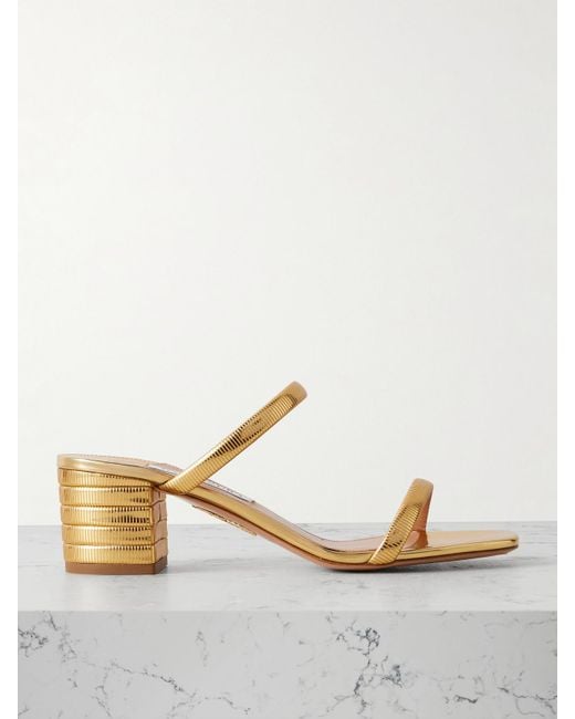 Aquazzura Natural Riviera Chain 50 Textured Mirrored-Leather Mules
