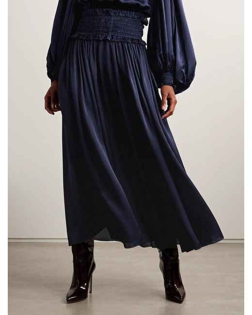 Zimmermann Blue Dream Ruffled Shirred Silk-Satin Maxi Skirt