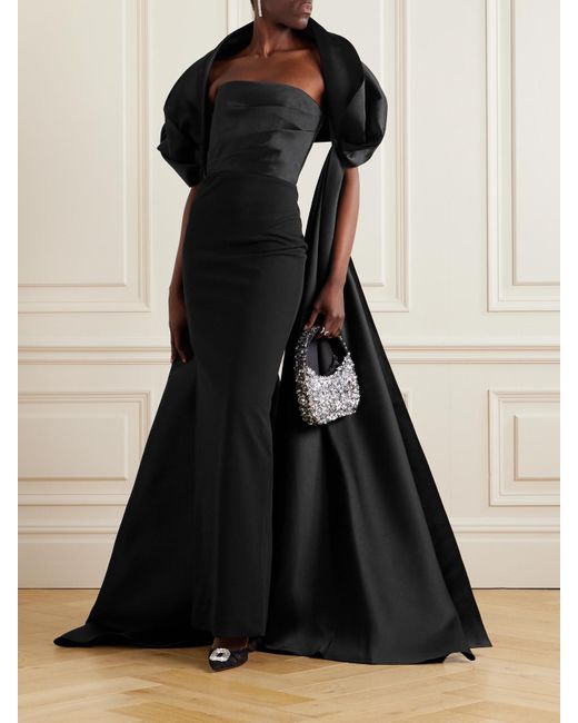 Solace London Black Satin Twill-Trimmed Crepe Gown