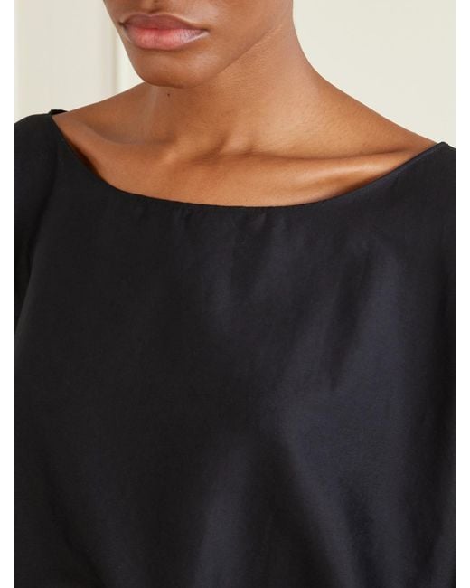 Leset Black Yoko Cropped Gathered Cotton-Poplin Top