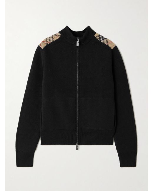 Burberry Black Checked Ribbed Wool And Cashmere-Blend Turtleneck Cardigan