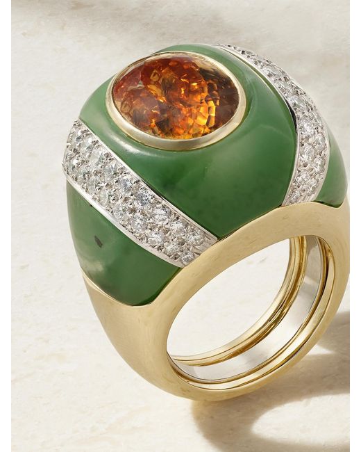 David Webb Green Double Stripe 18-Karat And Platinum Topaz, Jade And Diamond Ring