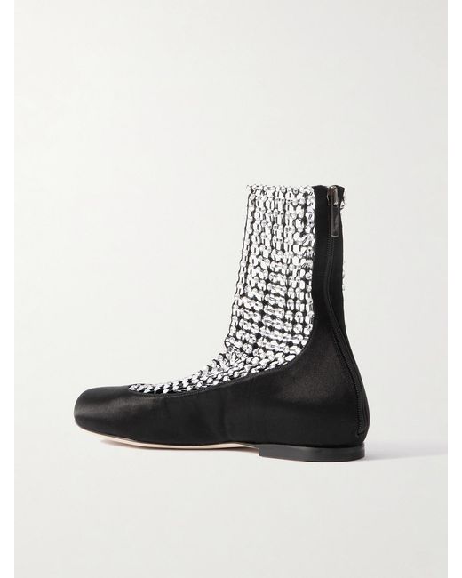 Rene Caovilla Black Crystal-Embellished Mesh-Paneled Satin Ballet Flats