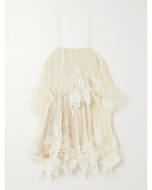 Danielle Frankel Natural Wendell Tiered Ruffled Lace And Tulle Mini Dress