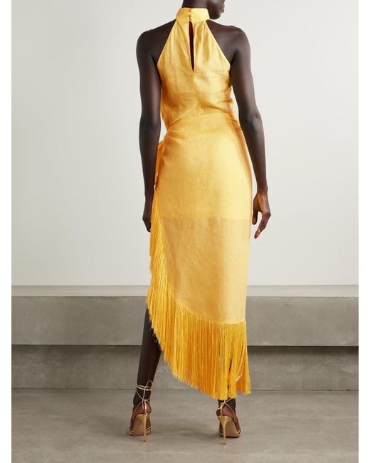 ‎Taller Marmo Metallic Athena Wrap-Effect Fringed Linen Midi Dress