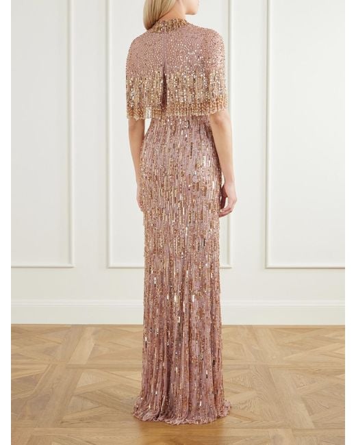 Jenny Packham Pink Leia Cape-Detailed Sequin-Embellished Gown