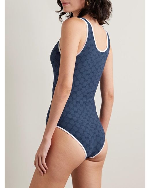 Gucci Blue Badeanzug Aus Frottee Mit Jacquard-Muster Und Paspeln