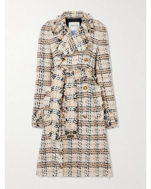 Burberry Natural Double-Breasted Belted Frayed Metallic Tweed Coat