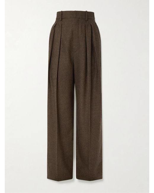 Saint Laurent Brown Hose Mit Weitem Bein Aus Wolle Mit Fischgratmuster Und Falten