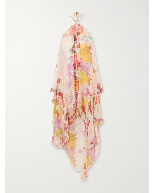 Donde Esteban Pink Flores Ruffled Asymmetric Lace-Trimmed Silk-Chiffon Halterneck Maxi Dress