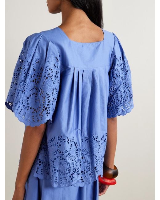 Thierry Colson Blue Scarletta Pleated Broderie Anglaise Cotton-Poplin Blouse