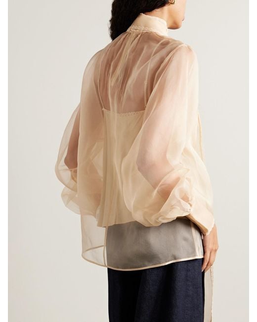 Zimmermann Natural Pussy-Bow Lace-Trimmed Silk-Organza Blouse