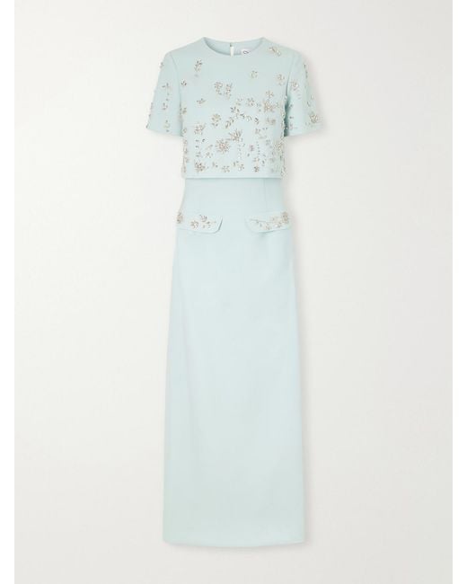 Oscar de la Renta Blue Crystal-Floral Embroidered Stretch-Wool Gown