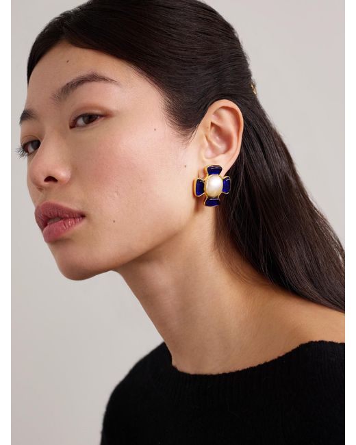 Susan Caplan Blue Chanel Vintage-Plated, Gripoix Crystal And Faux Pearl Clip Earrings
