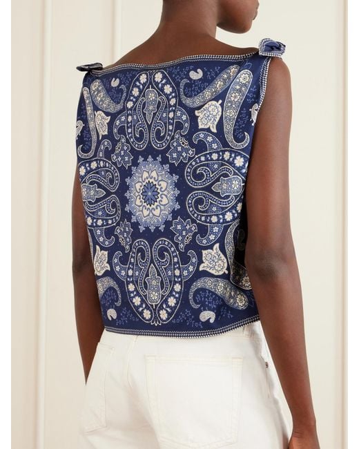 Sea Blue Emilina Knotted Printed Linen And Cotton-Blend Tank