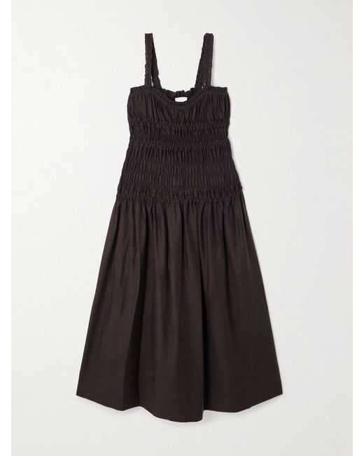Tory Burch Brown Ruffled Shirred Lyocell-Blend Voile Midi Dress