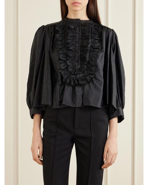 Chloé Black Ruffled Broderie Anglaise-Trimmed Taffeta Blouse
