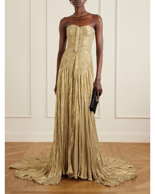 Marmar Halim Draped Pleated Metallic Silk-Georgette Gown