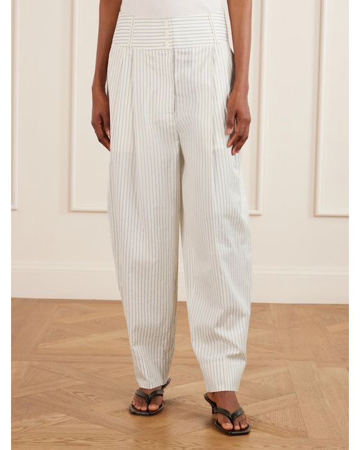 Totême White Pleated Striped Cotton And Silk-Blend Straight-Leg Pants