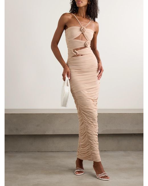 Maygel Coronel White Neckholder-Maxikleid Aus Gerafftem Stretch-Jersey Mit Applikationen