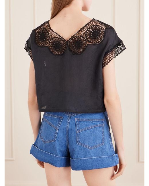 Nili Lotan Black Caila Crochet-Trimmed Ramie Top