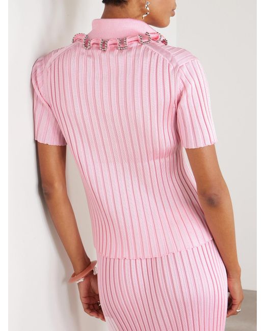 Jil Sander Pink Polohemd Aus Rippstrick Mit Zierperlen