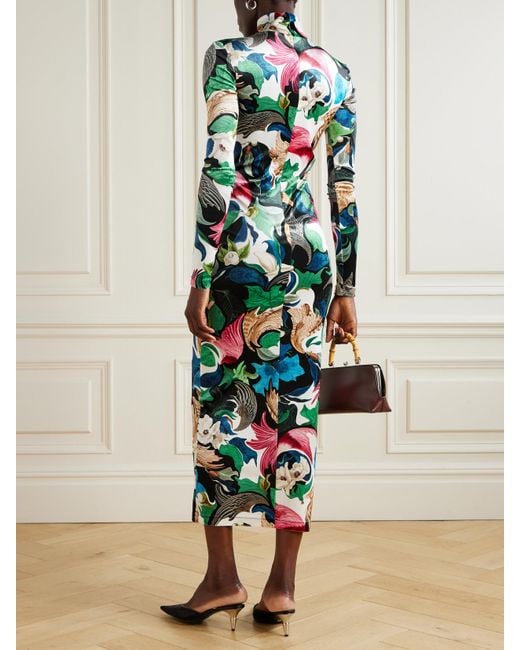 Mary Katrantzou White Farris Printed Stretch-Velvet Turtleneck Midi Dress