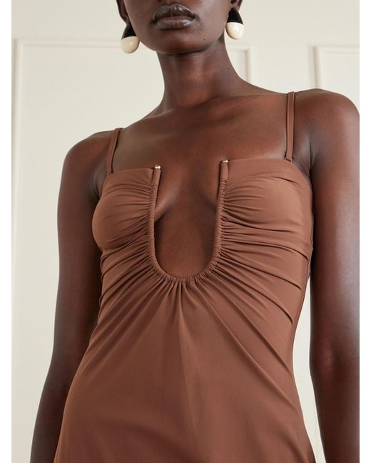 Christopher Esber Brown Arced Ruched Satin Maxi Dress