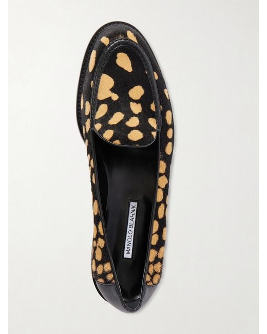 Manolo Blahnik White Maxy Leather-Trimmed Leopard-Print Calf Hair Loafers