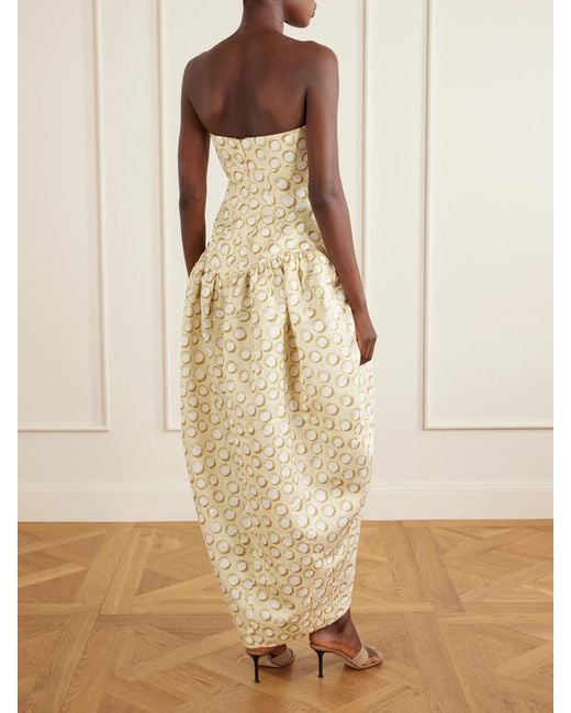 ALÉMAIS White Paula Ruched Printed Brocade Gown