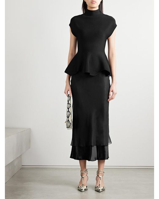 Khaite Black Monina Layered Satin And Organza Midi Skirt