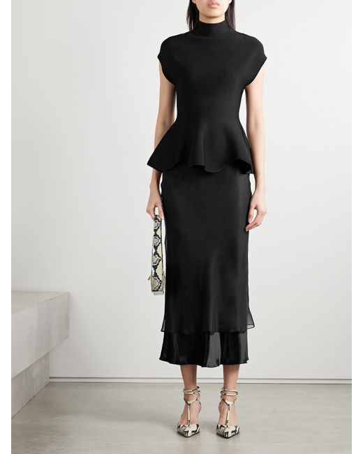 Khaite Black Monina Layered Satin And Organza Midi Skirt
