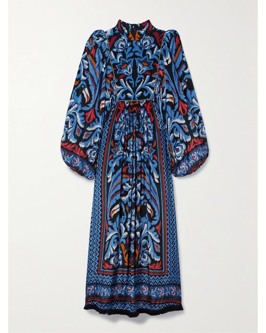 Farm Rio Blue Black Toucans Scarf Long Sleeve Maxi Dress