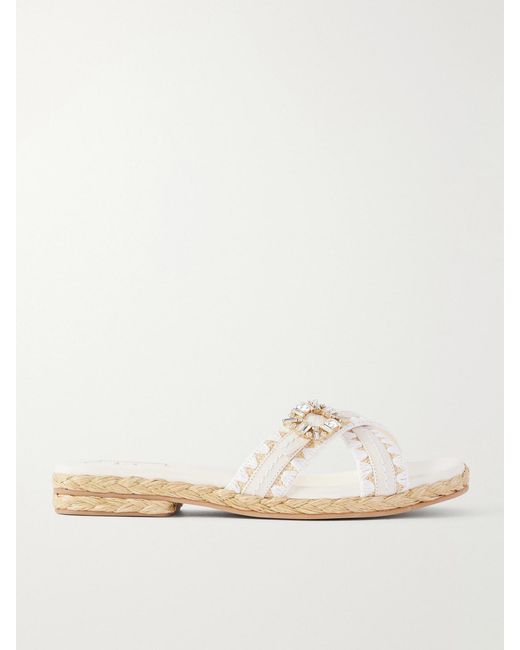 Roger Vivier Natural Strass Crystal-Embellished Leather-Trimmed Raffia Slides