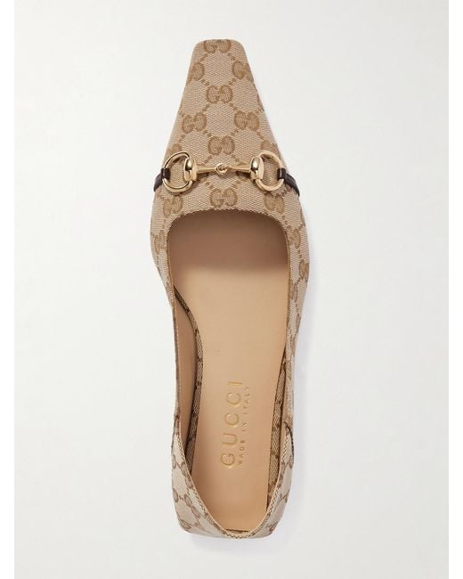 Gucci Natural Vittoria Horsebit-Detailed Leather-Trimmed Canvas-Jacquard Ballet Flats