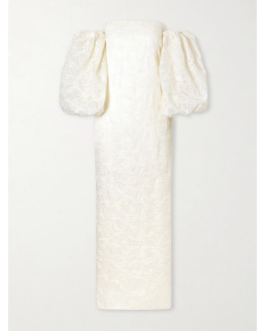 ‎Dima Ayad Natural Off-The-Shoulder Embellished Embroidered Woven Gown
