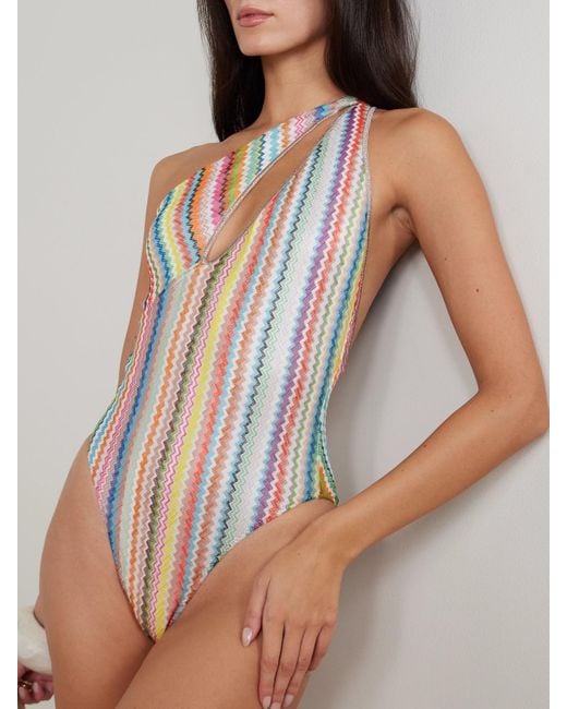 Missoni White Mare One-Shoulder Cutout Striped Metallic Crochet-Knit Swimsuit
