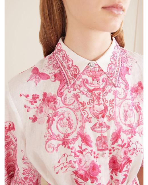 Camilla Pink Floral-Print Embellished Linen Mini Dress