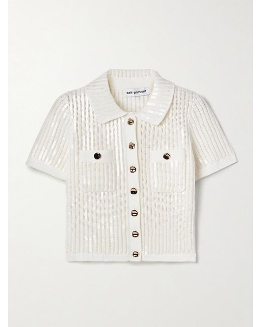 Self-Portrait Natural Cropped Sequined Crocheted Cotton And Cashmere-Blend Shirt